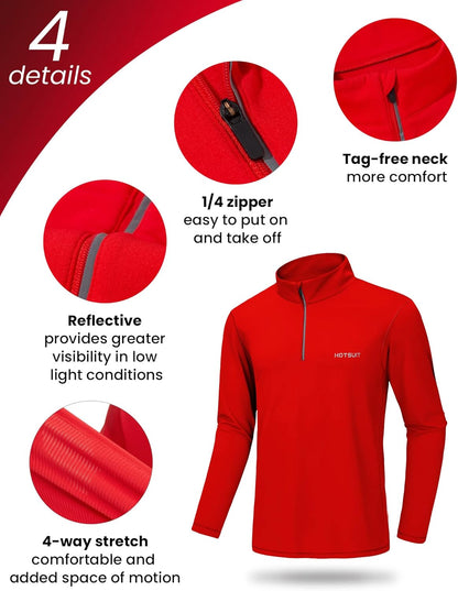 HOTSUIT men's quarter zip running fleece pullover with long sleeves, lightweight, quick-dry, and reflective for outdoor running.