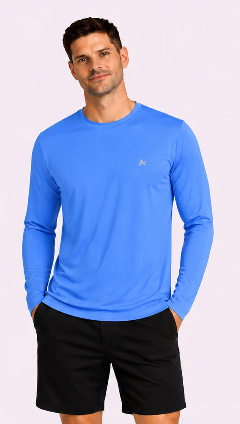 Men's cooling long sleeve t-shirt in Marina Blue, ideal for athletic comfort and performance during warm activities.