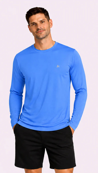 Men's cooling long sleeve t-shirt in Marina Blue, ideal for athletic comfort and performance during warm activities.