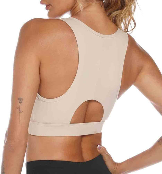 Nine Bull high impact sports bra for women with removable padding, beige yoga racerback crop top for workout and active wear.