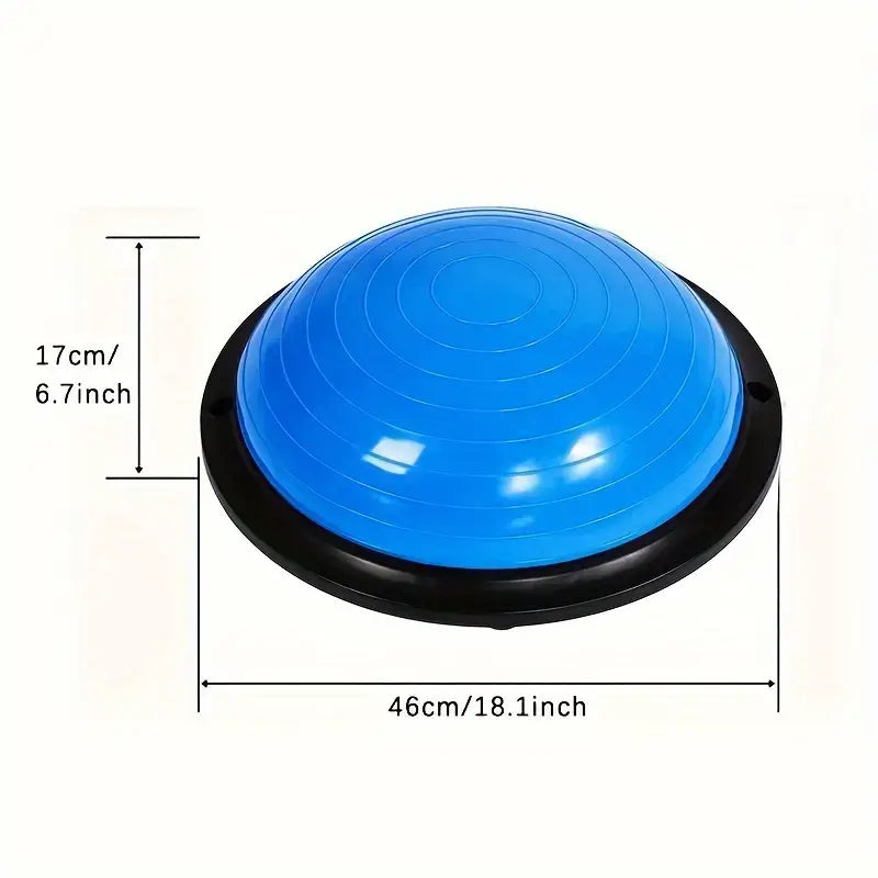 Flameproof balance ball for adults, blue design with dimensions for home workouts and gym sessions.