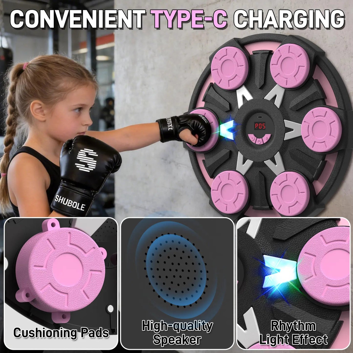 Fitness Essentials music boxing machine for kids and adults, wall-mounted with lighting, gloves, and 9-speed Bluetooth boxing game.