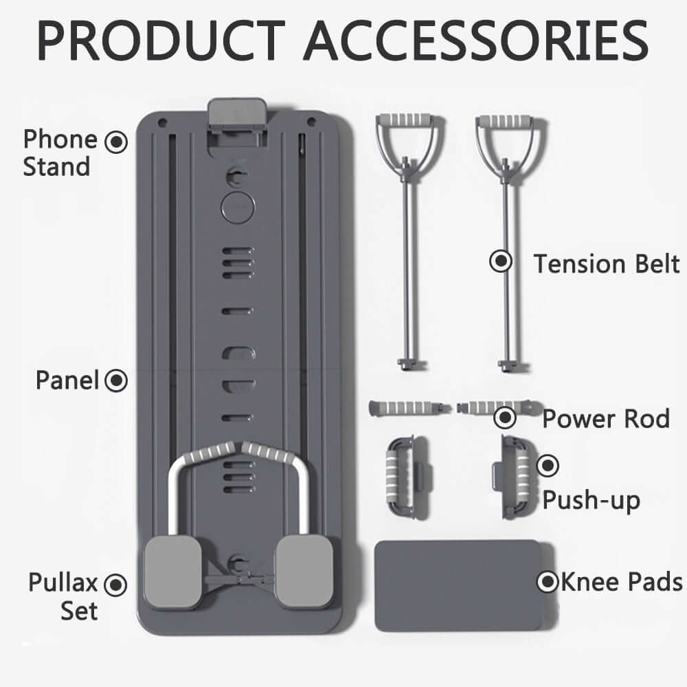 8-in-1 Foldable Pilates Board with Resistance Bands accessories including phone stand, knee pads, and tension belt.