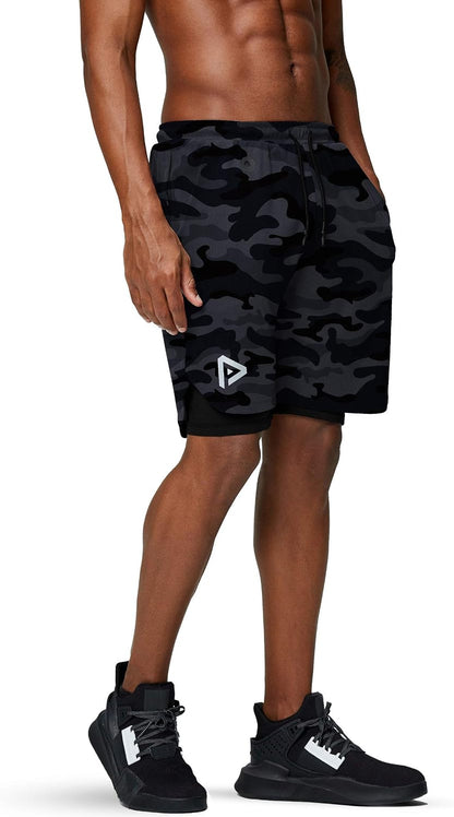 Pinkbomb men's 2-in-1 running shorts with quick-dry fabric and phone pocket, ideal for gym workouts and active wear.