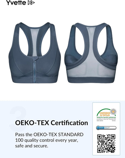Yvette high impact zip front sports bra for women, plus size workout and running fitness, black with supportive design