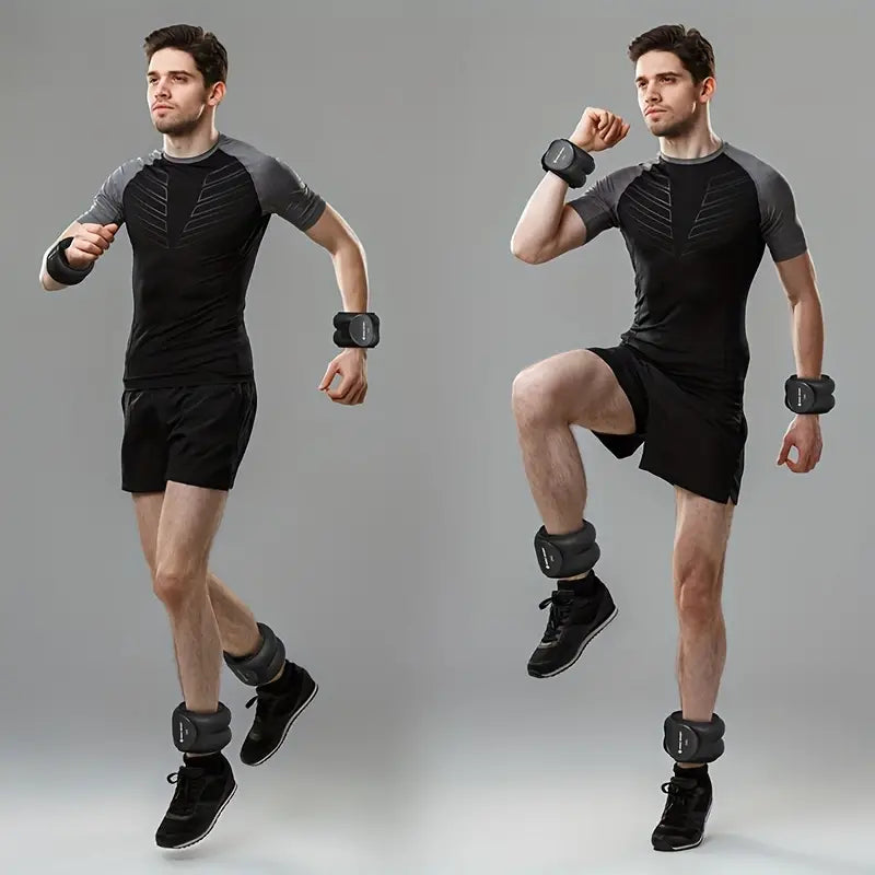 Man exercising with invisible weighted wristbands for workouts during home fitness routine.