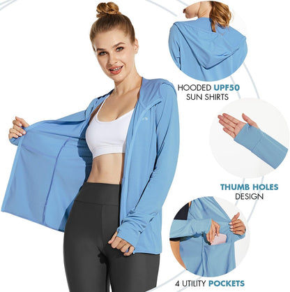 Baleaf women's UPF 50+ sun protection hooded cooling hiking jacket with pockets, outdoor performance, lightweight and breathable.