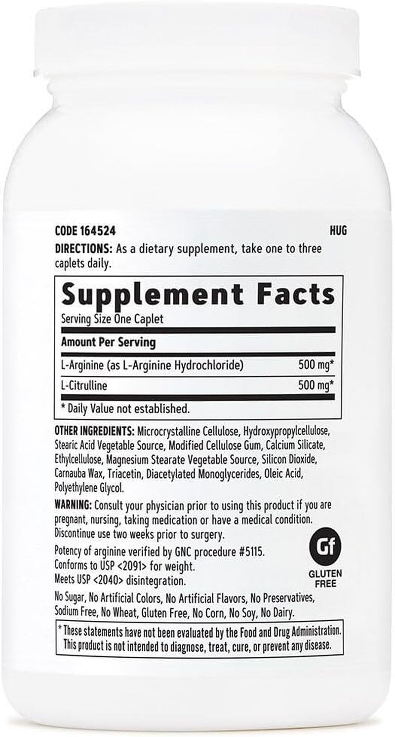 GNC L Arginine + L Citrulline 500Mg Each Supplement, Supports Nitric Oxide Production and Healthy Blood Vessel Tone, 120 Servings