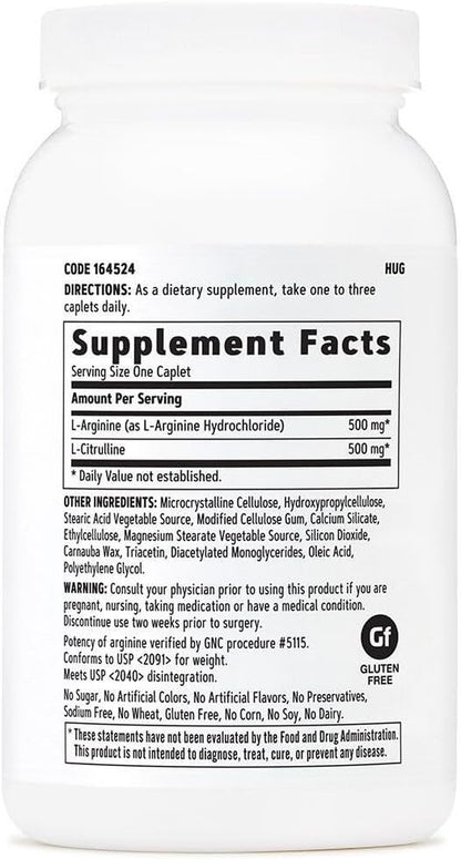 GNC L Arginine + L Citrulline 500Mg Each Supplement, Supports Nitric Oxide Production and Healthy Blood Vessel Tone, 120 Servings