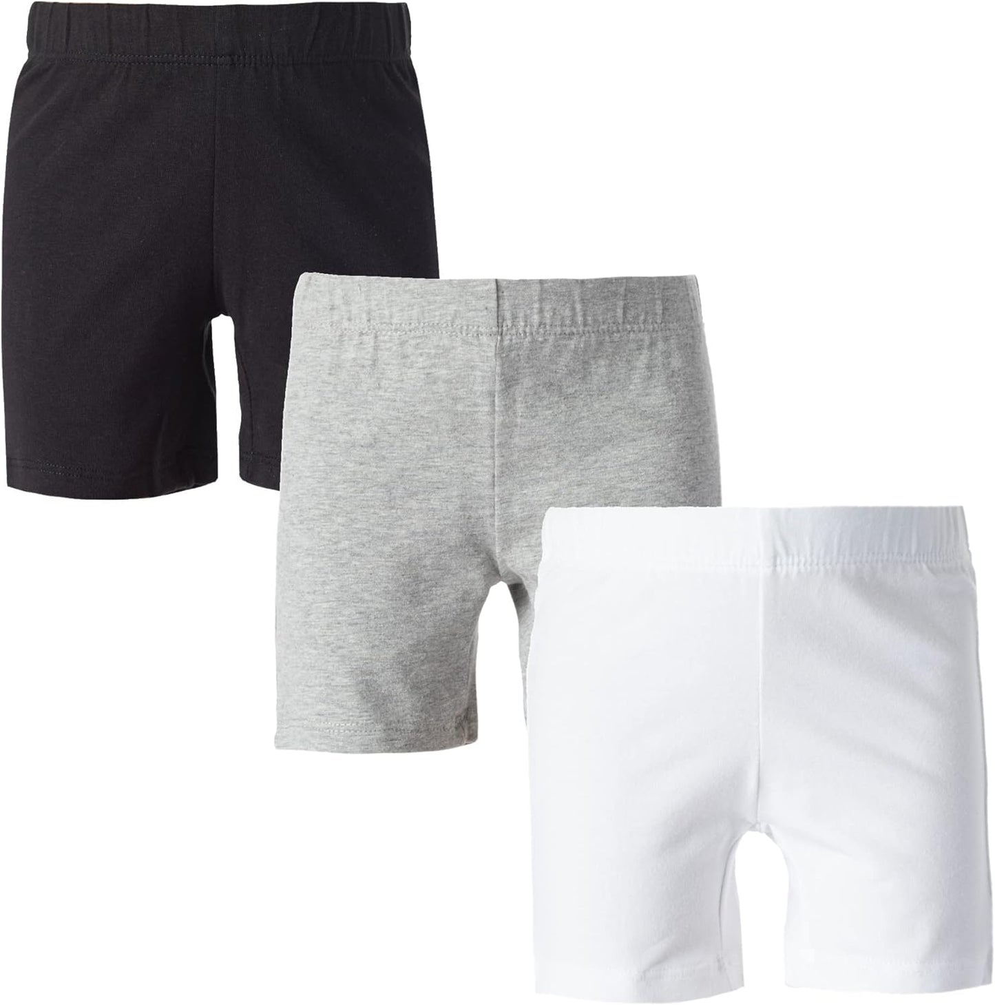 MY WAY toddler and girls bike shorts in a 3-pack, cotton-spandex blend, suitable for under dresses, cartwheels, and dance activities.
