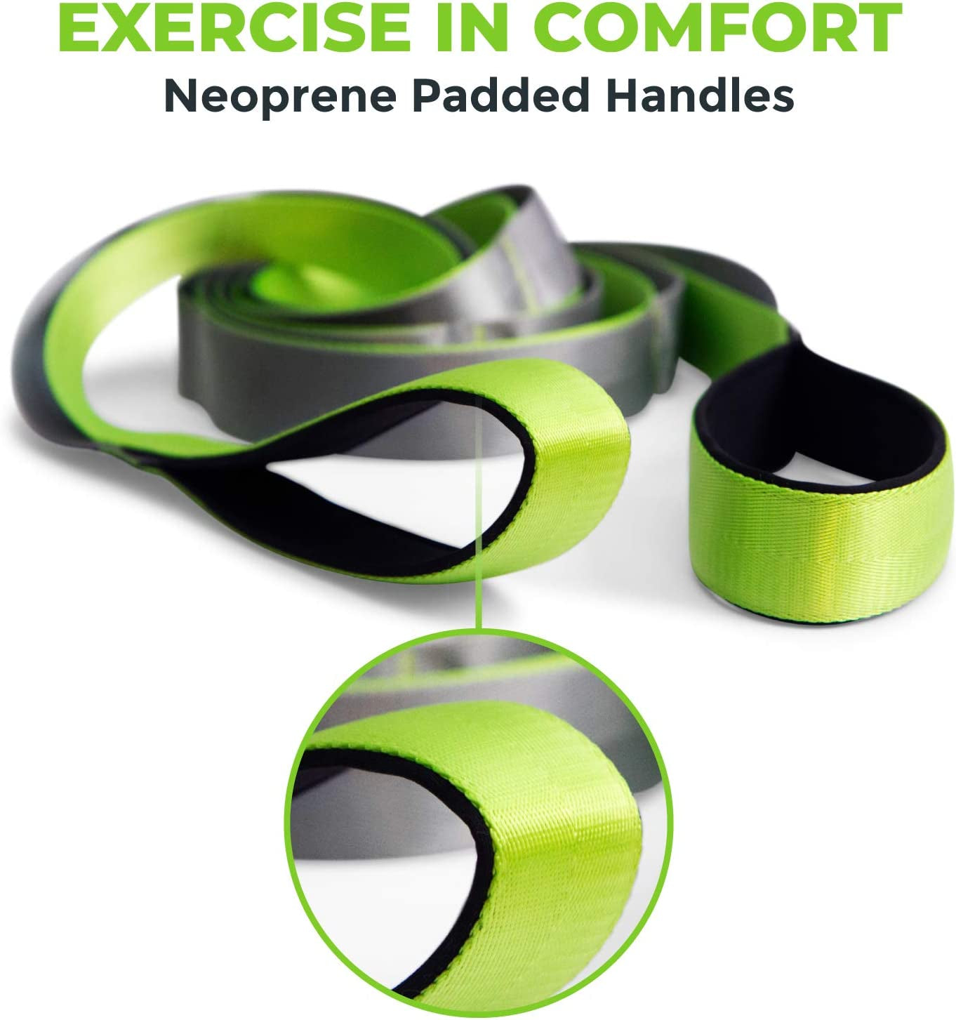 Gradient Fitness 12-loop stretching strap with neoprene handles, ideal for physical therapy, yoga, and leg stretching exercises.