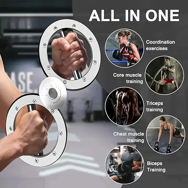 Fitness Essentials 2026 adjustable resistance speed arm strength trainer with figure-8 wheel for forearm and grip strengthening exercises.