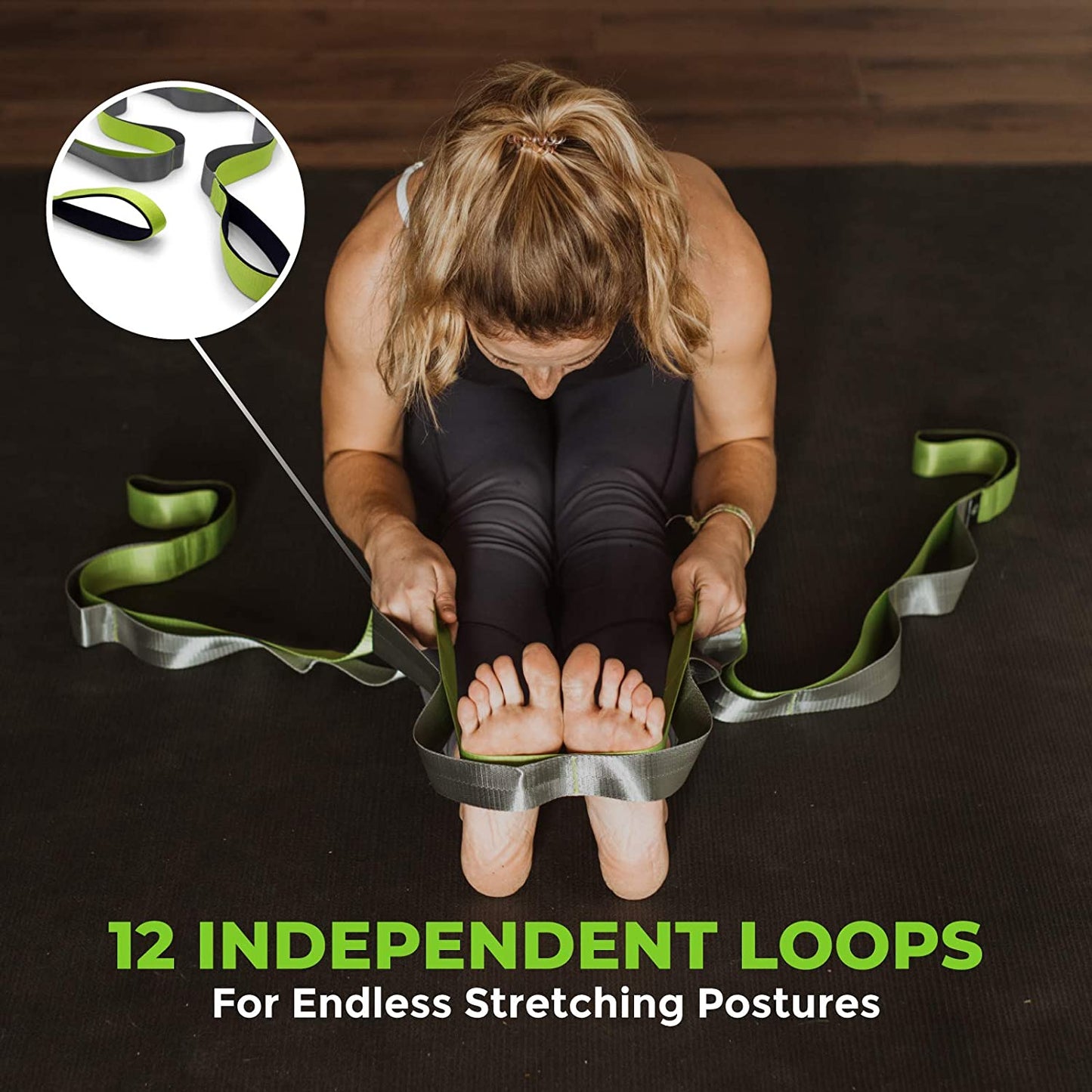 Gradient Fitness 12-loop stretching strap with neoprene handles, ideal for physical therapy, yoga, and leg stretching exercises.