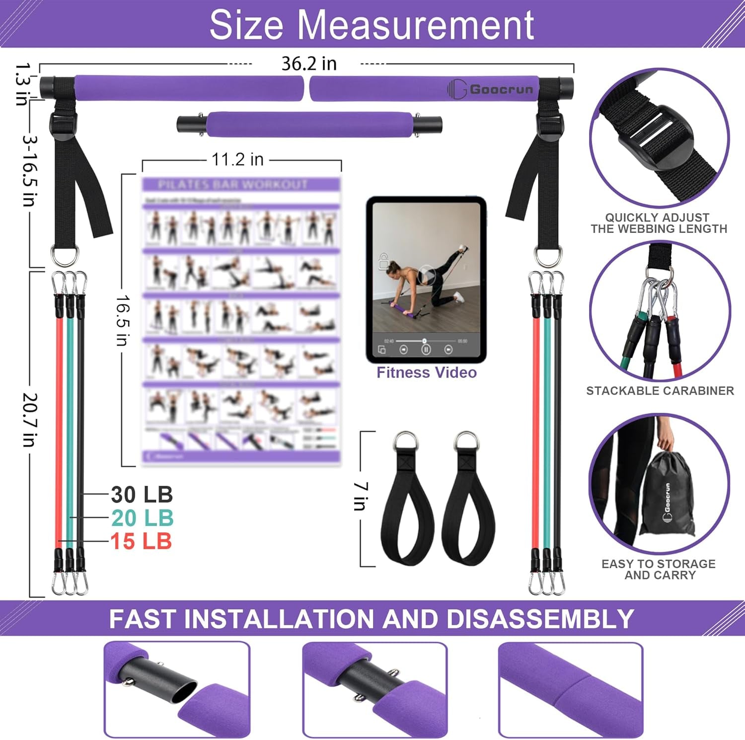 Goocrun portable Pilates bar kit with resistance bands, exercise poster, and video for full-body workouts at home.