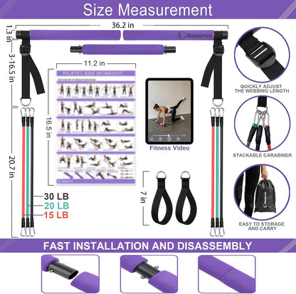 Goocrun portable Pilates bar kit with resistance bands, exercise poster, and video for full-body workouts at home.