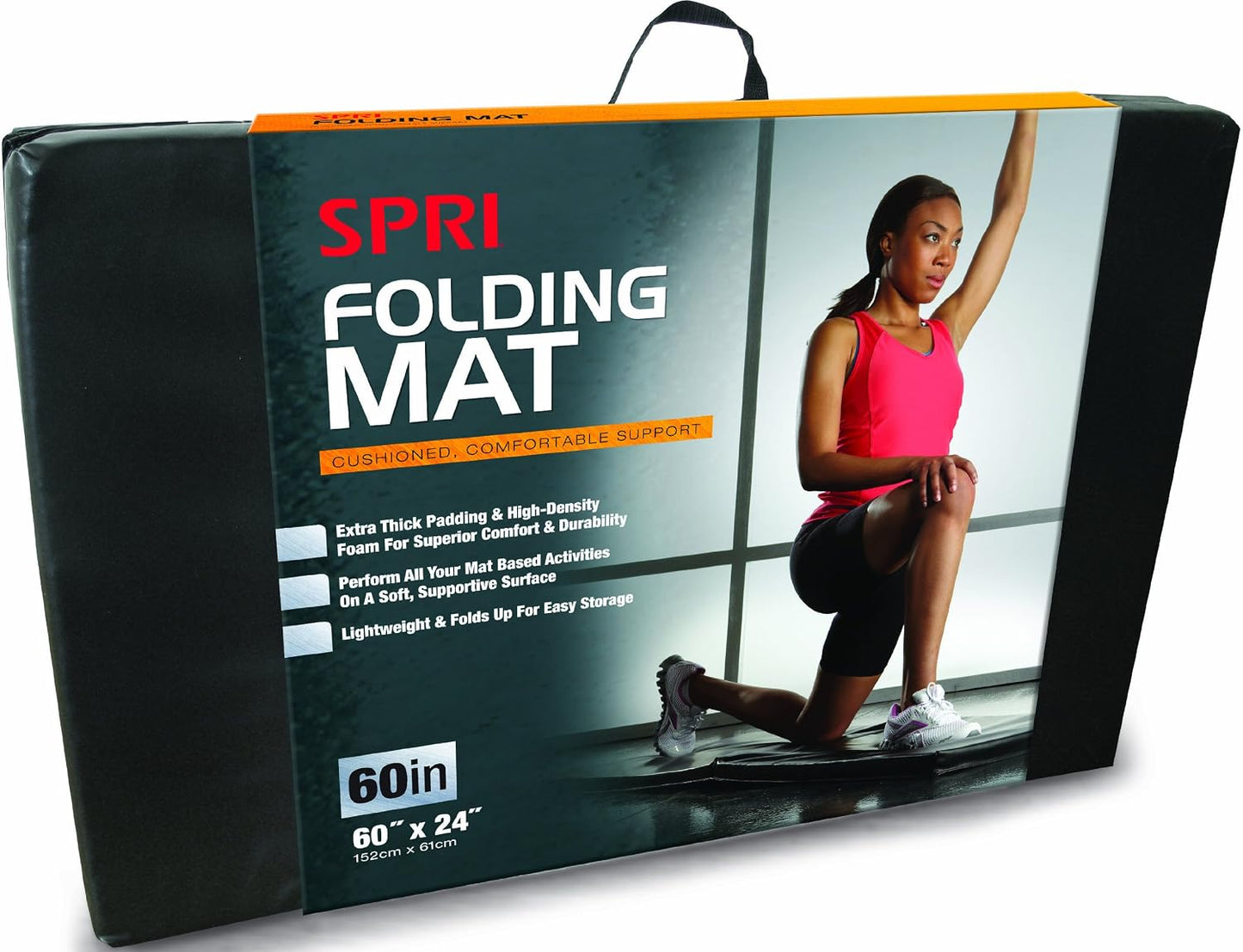SPRI bi-fold exercise fitness mat in 60-inch or 72-inch length, showing its padded surface and foldable design for workouts.