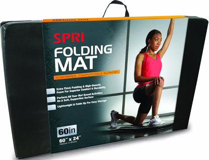 SPRI bi-fold exercise fitness mat in 60-inch or 72-inch length, showing its padded surface and foldable design for workouts.
