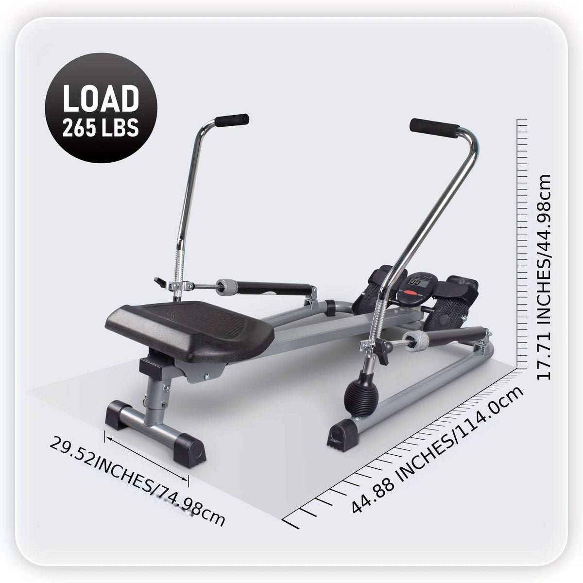 Foldable rowing machine with LCD monitor designed for home workouts, showcasing load capacity of 265 lbs.