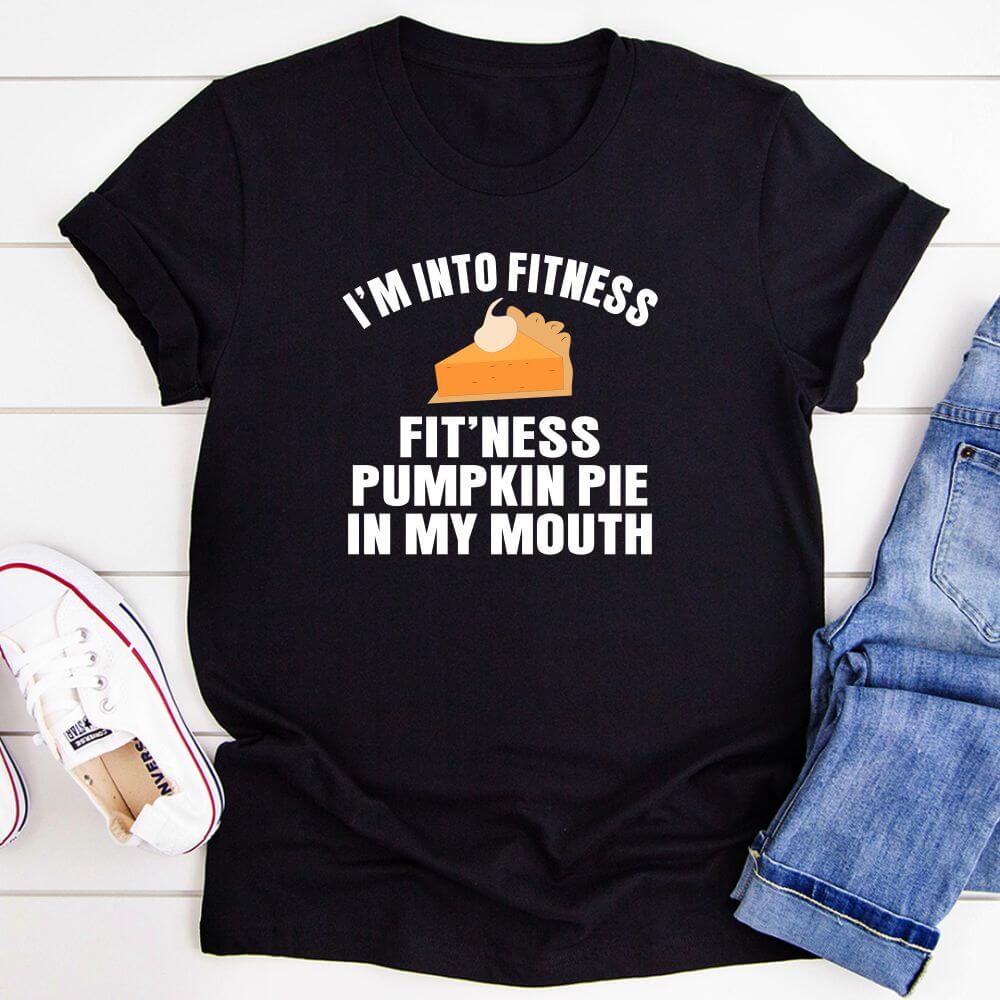 I'm Into Fitness... Fit'ness Pumpkin Pie In My Mouth T-Shirt in black heather, showcasing the fitness pumpkin pie graphic t-shirt.
