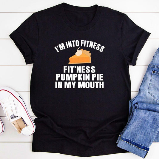 I'm Into Fitness... Fit'ness Pumpkin Pie In My Mouth T-Shirt in black heather, showcasing the fitness pumpkin pie graphic t-shirt.