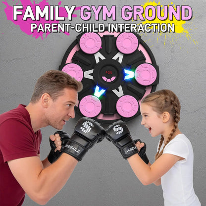 Fitness Essentials music boxing machine for kids and adults with wall mount, lighting, 9-speed Bluetooth game, and boxing gloves.