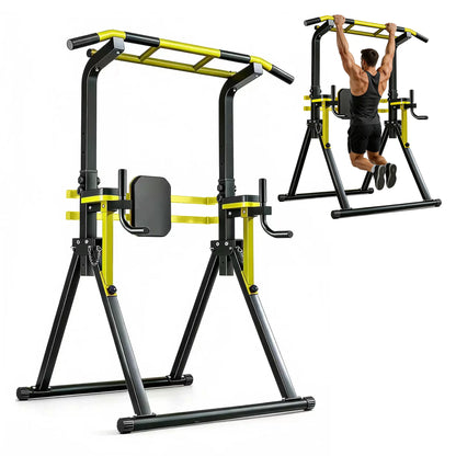 Fitness Essentials Saveyour Power Tower pull-up bar with 10 adjustable levels, foldable design, heavy-duty steel, and 440 lbs capacity.