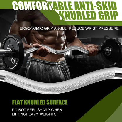 Fitness Essentials 47-inch Olympic EZ Curl Barbell with 380 lbs max load, designed for wrist-friendly arm workouts, on a gym floor.