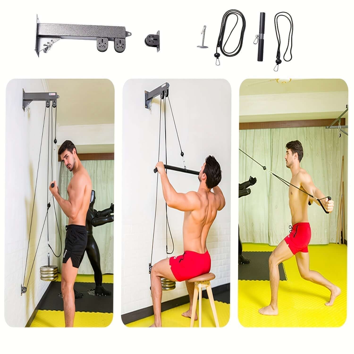 Wall Pulley Rope System Training Equipment for home workouts and gym sessions, featuring diverse strength training options.