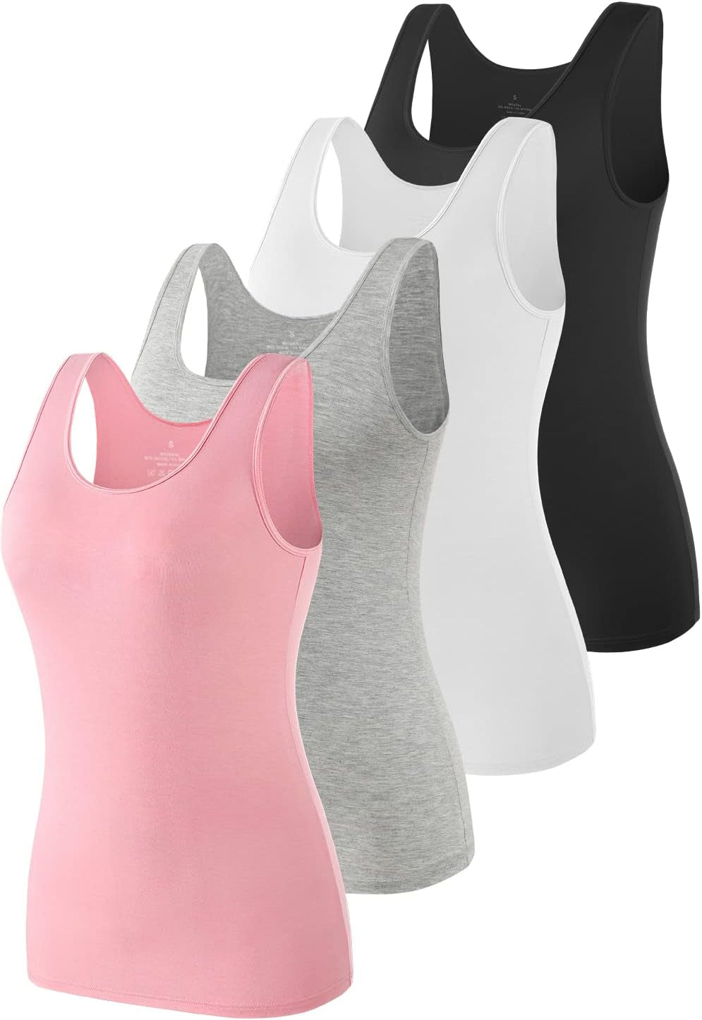 AMVELOP women's basic sleeveless tank top pack in black, white, gray, and pink, ideal for layering and casual wear.