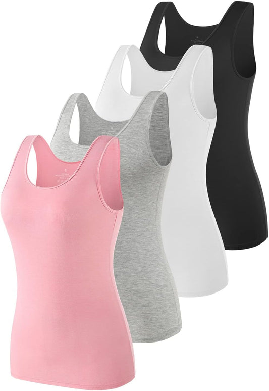 AMVELOP women's basic sleeveless tank top pack in black, white, gray, and pink, ideal for layering and casual wear.