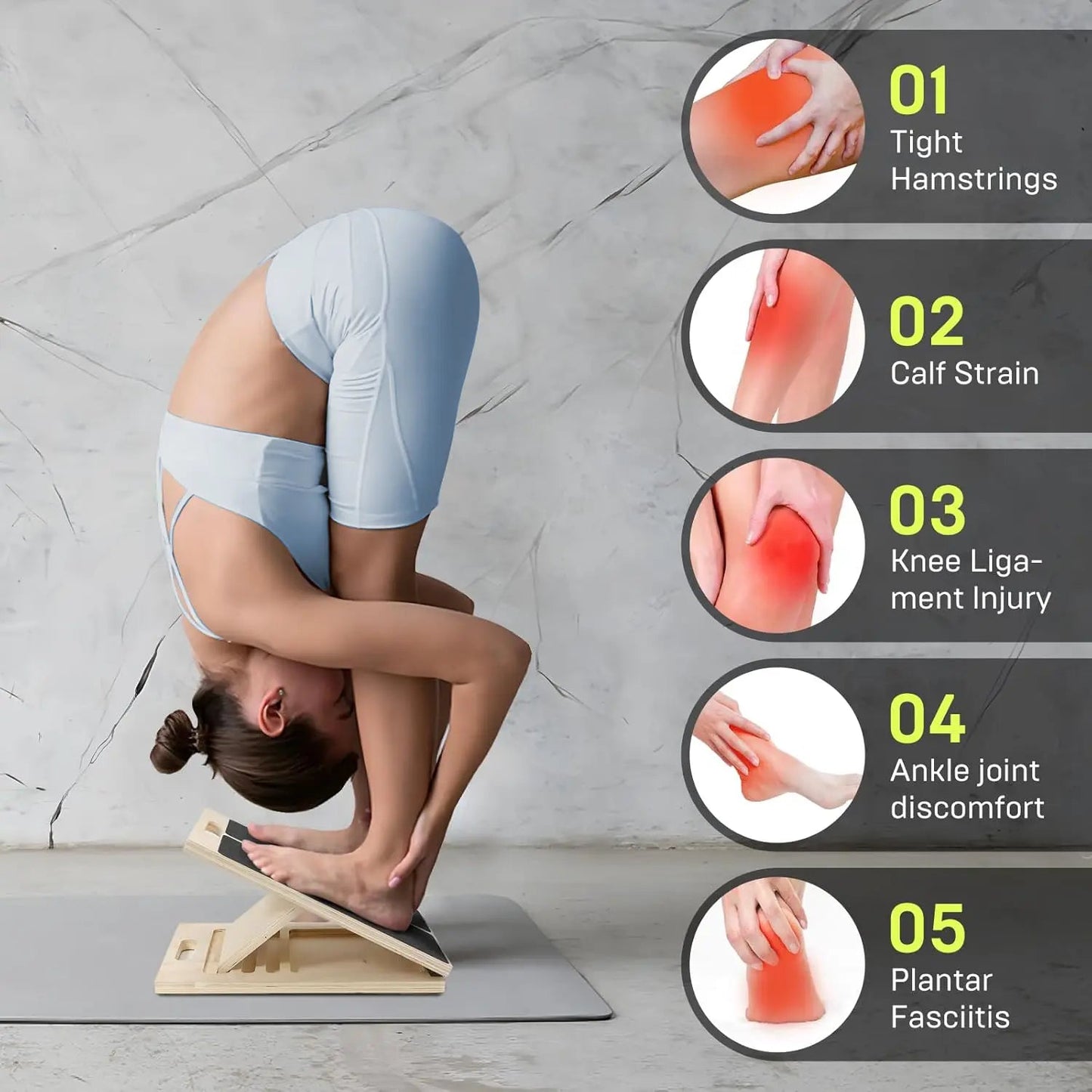 Adjustable wooden slant board for calf stretching and leg exercises, with a sturdy design and portable incline for fitness and therapy.