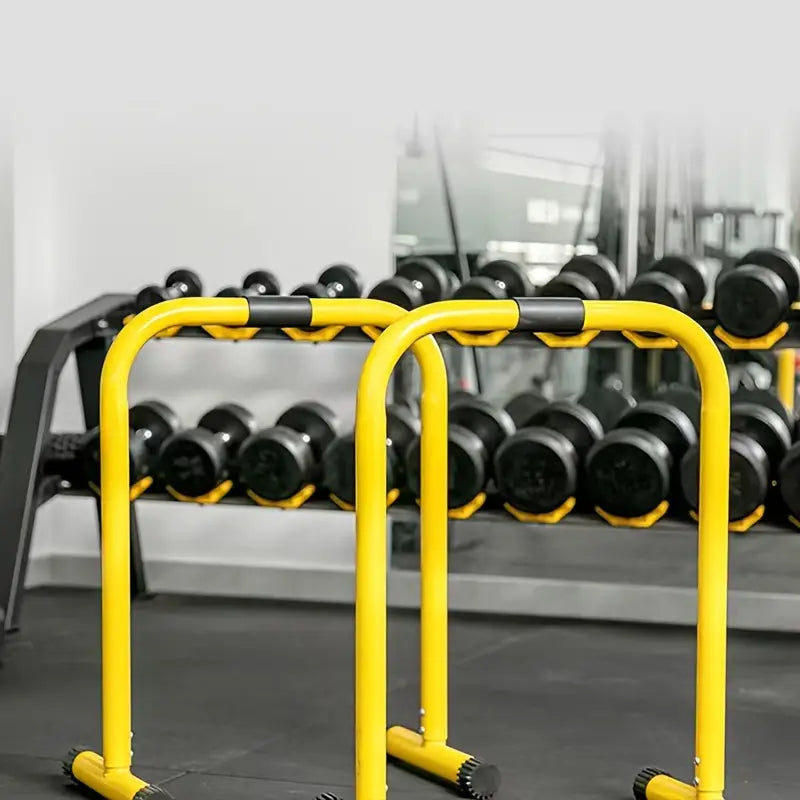 Height adjustable parallel bars in yellow for home workouts and gym sessions, ideal for fitness routines.