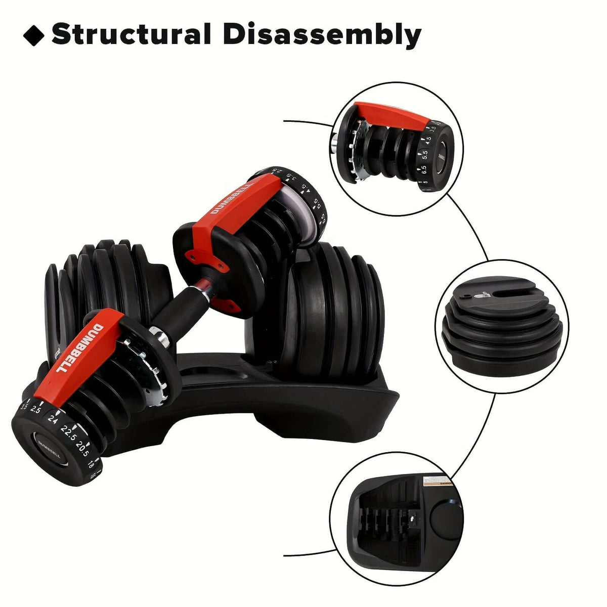 Adjustable dumbbell 24KG with anti-slip handle showcasing structural disassembly features.