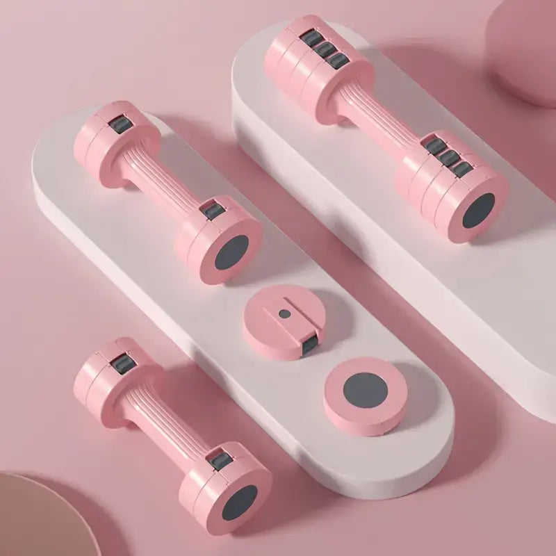 Adjustable pink dumbbells set designed for home workouts, featuring weights from 2-5kg in a stylish pink color.