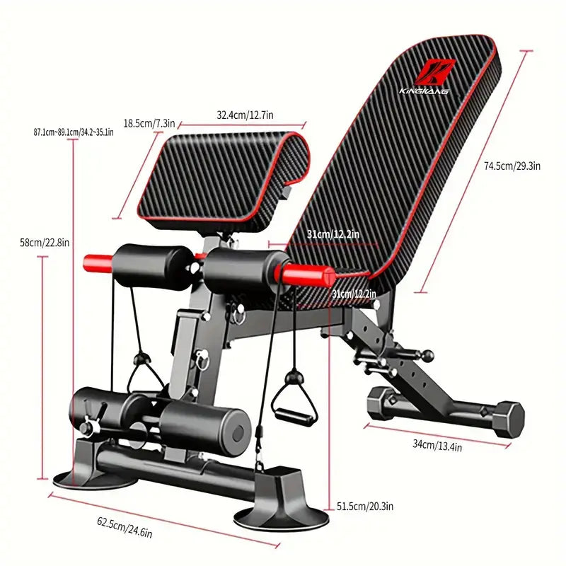 Adjustable Weight Bench for Full Body Exercise with dimensions and multifunctional features, foldable design in black and red.