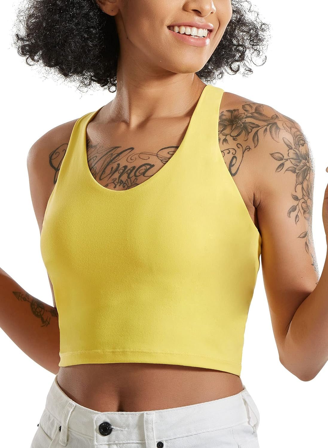 Yellow RUNNING GIRL longline sports bra for women with padded, wirefree design, suitable for running, yoga, and workout activities.