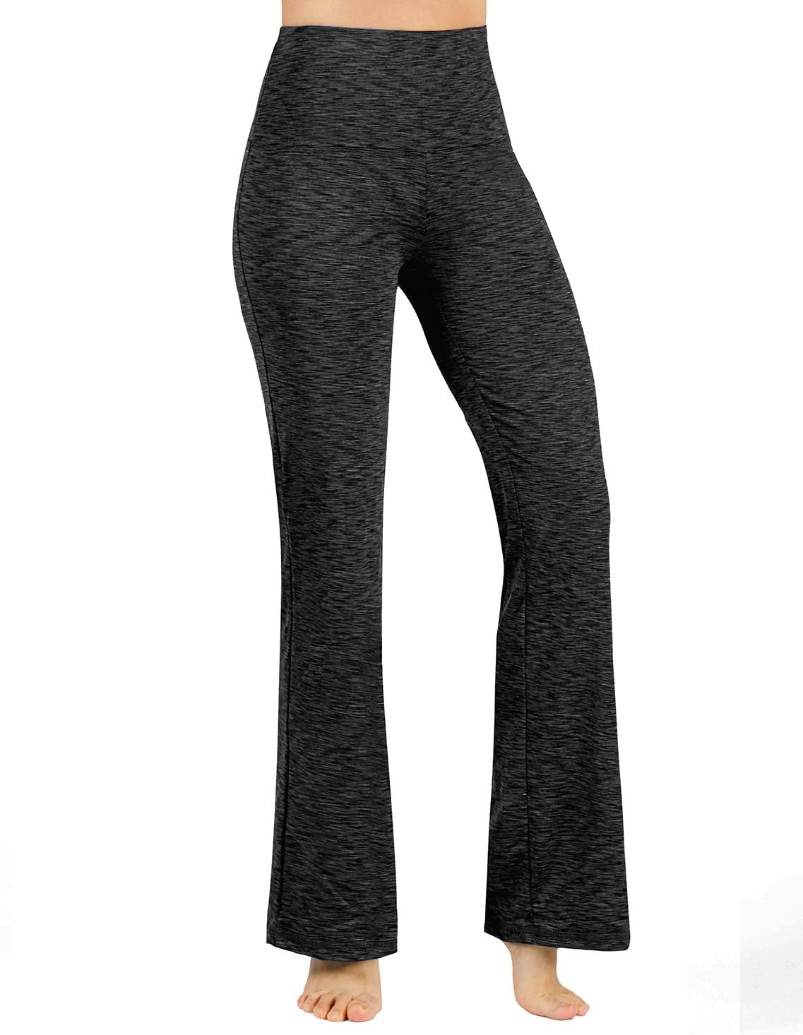 ODODOS women's high-waisted bootcut yoga pants in charcoal with tummy control, inner pocket, and 31-inch inseam, spacedye fabric.