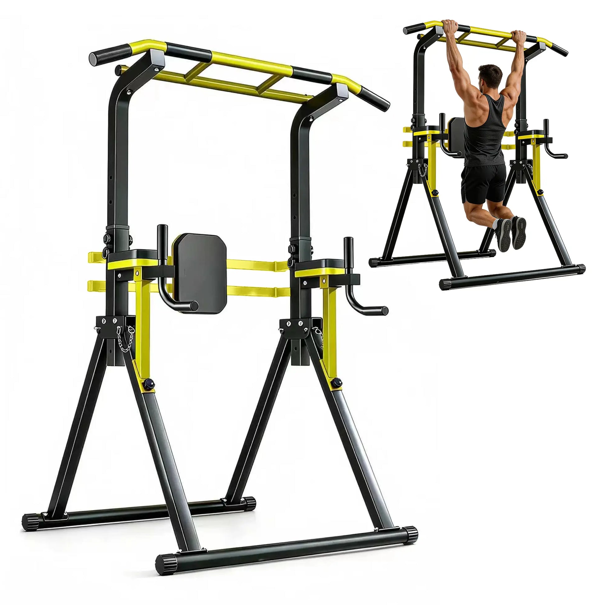 Fitness Essentials Saveyour Power Tower pull-up bar with adjustable height and foldable design for home gym strength training.