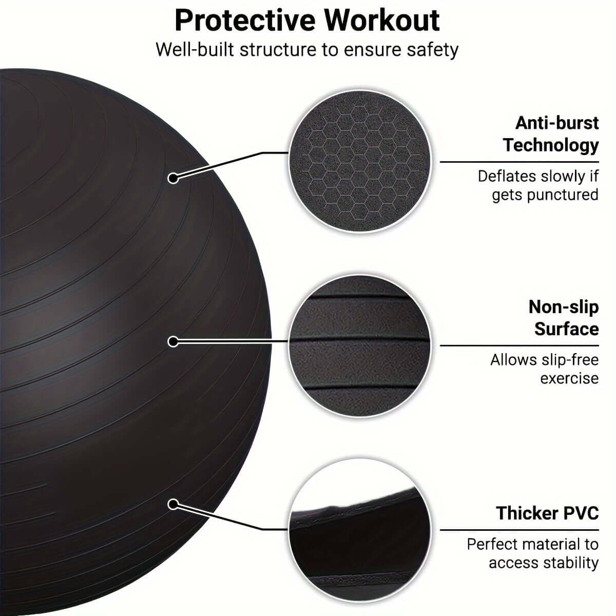 Heavy-Duty explosion-proof yoga ball with pump featuring anti-burst technology and non-slip surface for safe workouts.