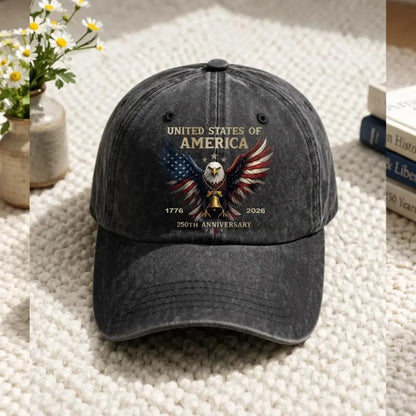 USA 250th Anniversary patriotic baseball cap featuring an eagle design and adjustable strap, ideal for 4th of July celebrations and American pride.
