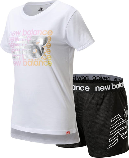 New Balance girls' activewear shorts set with a short sleeve T-shirt and gym shorts, designed for big kids' sports and play.