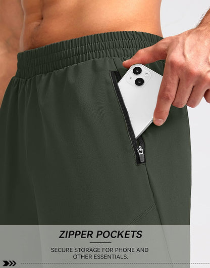 Pudolla men's lightweight workout running shorts with zipper pockets in 7", 5", and 9" lengths, suitable for gym and athletic activities.