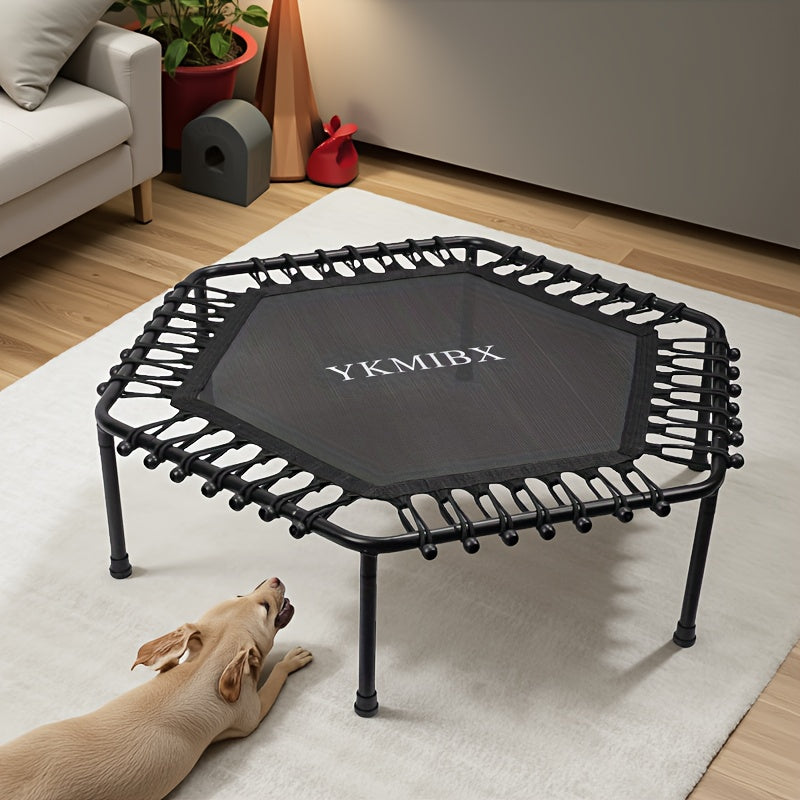 Hexagonal fitness trampoline quiet bounce home gym with dog on floor, perfect for indoor workouts.