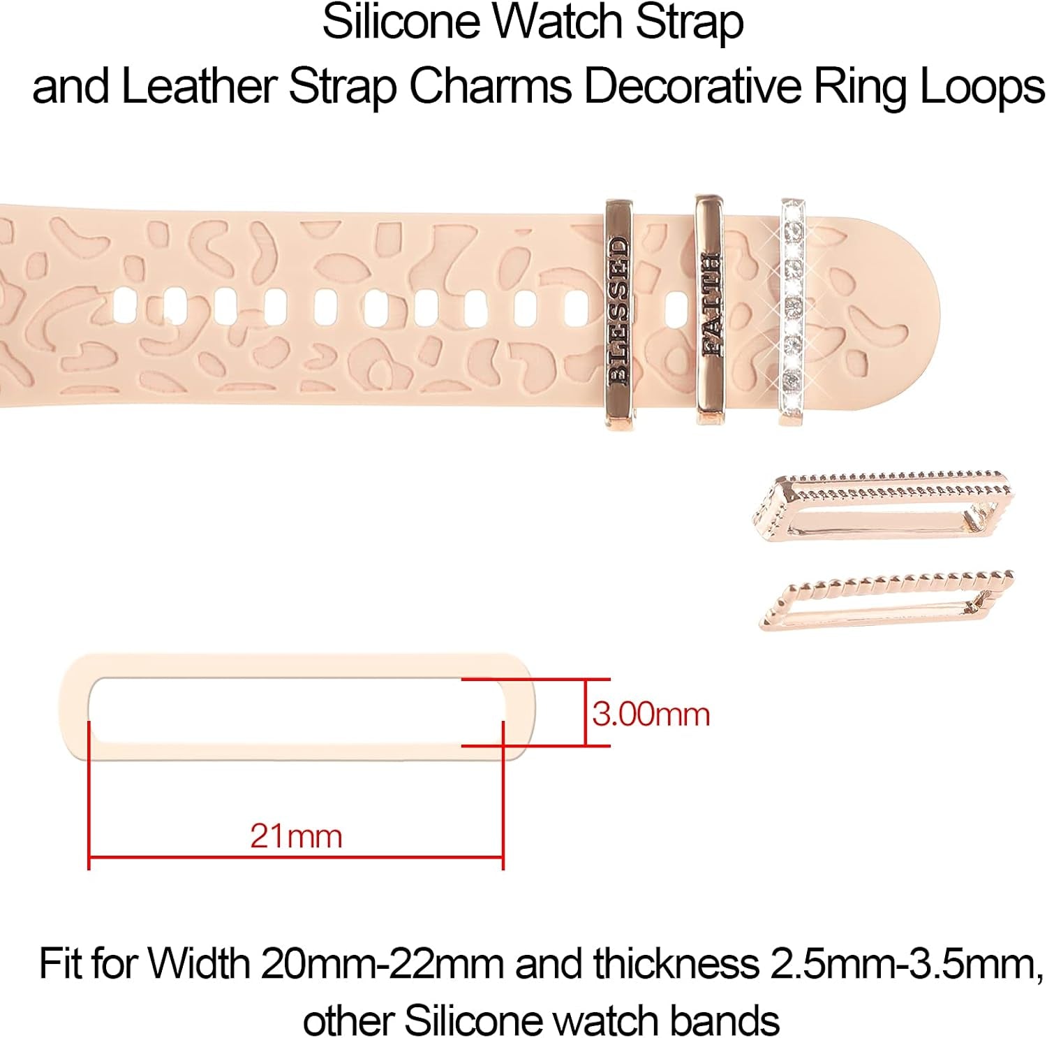 FERJITGR decorative silicone rings loops for Apple Watch 38mm to 49mm, metal diamond charms for Series 3 to 11, watchband accessories