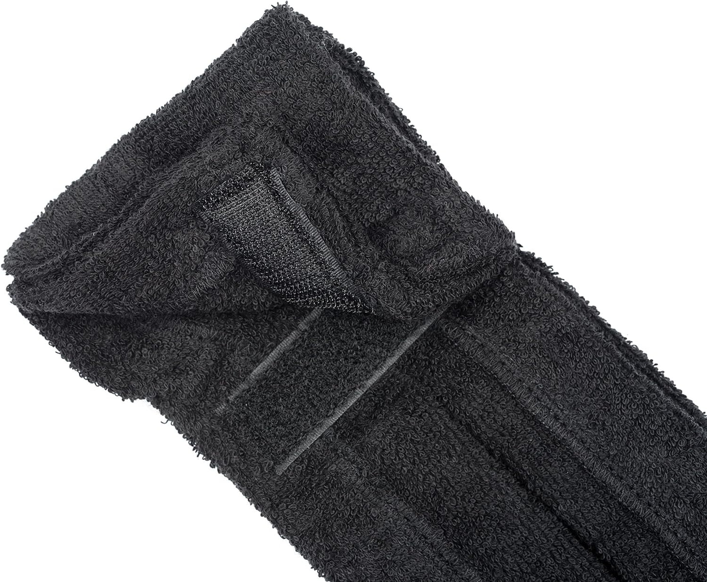 Black Suddora football towel with hook and loop closure, made of pure cotton, designed for sweat absorption and grip on the football field.
