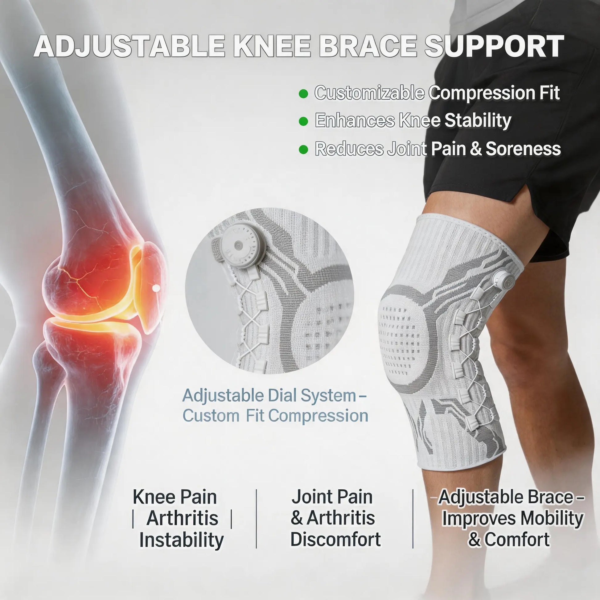 Adjustable Compression Knee Brace with Dial, Breathable Knee Support Sleeve for Sports, Running & Daily Activities