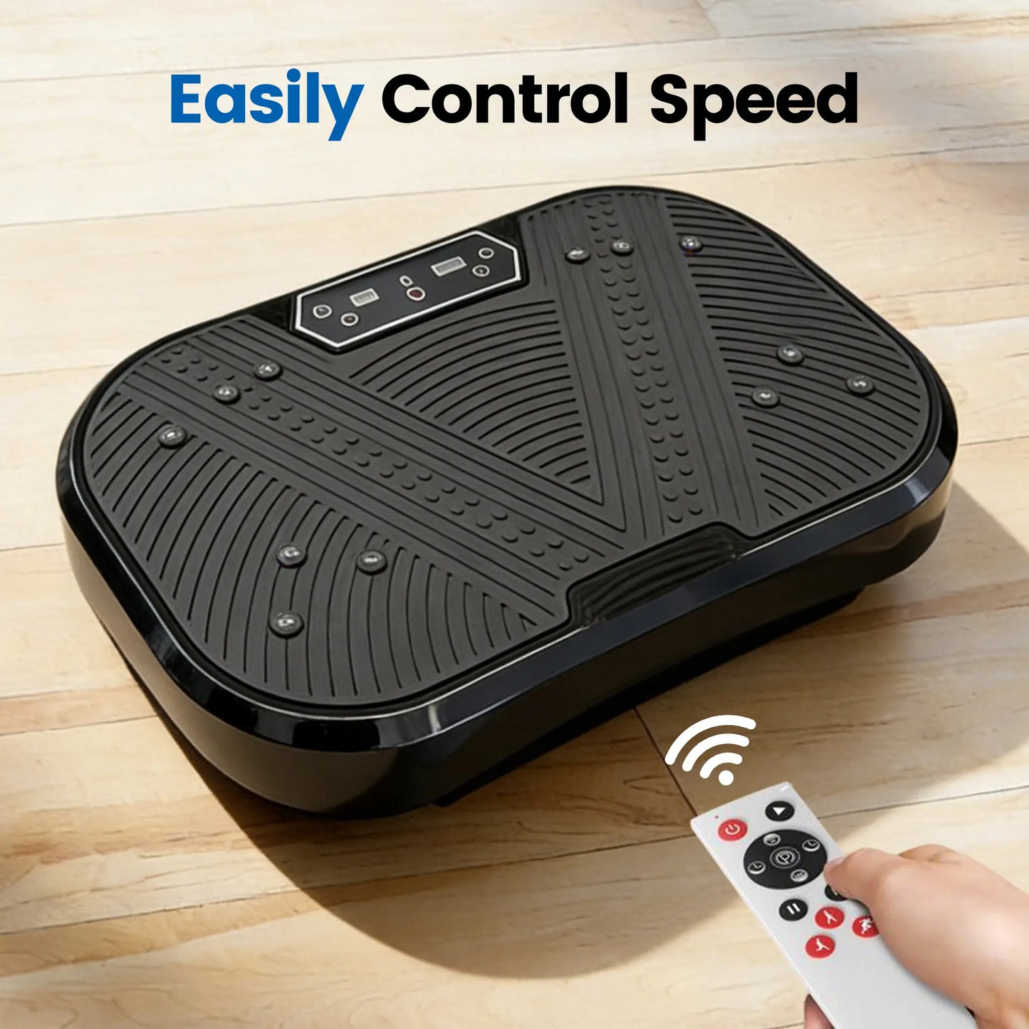 Fitness Essentials Ranbro Vibration Plate Exercise Machine with resistance bands, remote, and adjustable speed for full-body workouts.