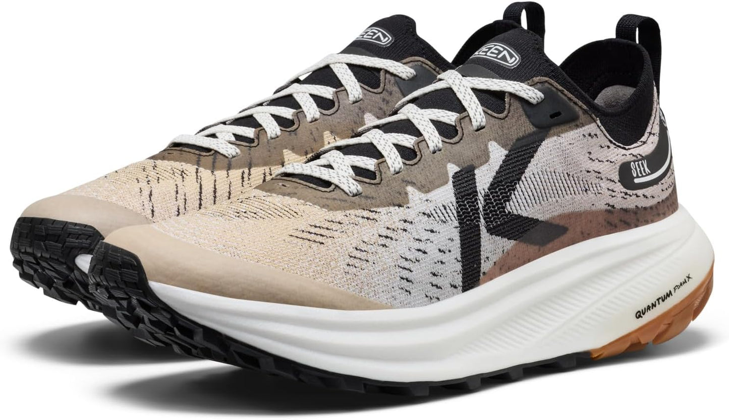 KEEN Seek trail running shoes in black with rugged outsole and breathable mesh upper for outdoor trail running.
