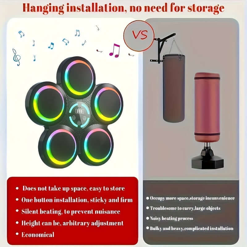 Comparison of wall-mounted electronic boxing training pad vs traditional punching bag, highlighting convenience and space-saving features.