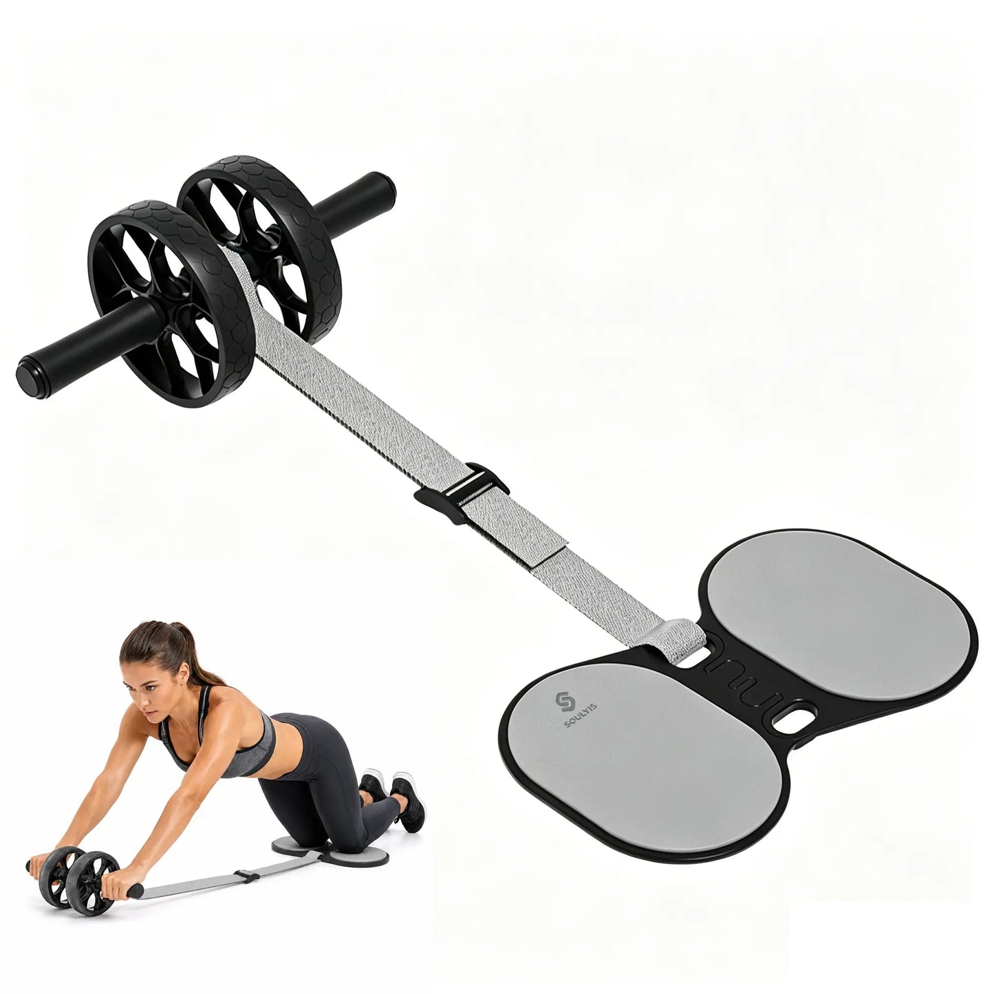 Fitness Essentials Soulyis elastic rope ab wheel with double wheels, resistance band, ergonomic handles, and non-slip surface for full-body training
